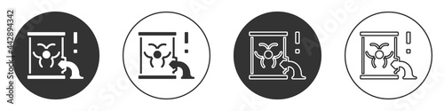 Black Radioactive waste in barrel icon isolated on white background. Barrel with radioactive and toxic substance is spilled. Circle button. Vector
