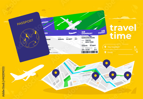 Vector illustration of a citizen's passport with plane tickets, travel time, paper map of the area, marks on the map