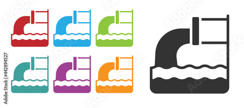 Black Wastewater icon isolated on white background. Sewer pipe. From the pipe flowing liquid into the river. Set icons colorful. Vector