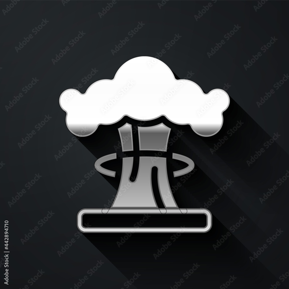 Silver Nuclear explosion icon isolated on black background. Atomic bomb. Symbol of nuclear war, end of world. Long shadow style. Vector Silver Nuclear explosion icon isolated on black background. Atomic bomb. Symbol of nuclear war, end of world. Long shadow style. Vector