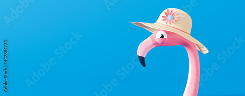 Funny pink flamingo with hat on blue background. 3D Render 3D illustration