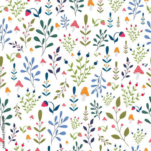 summer seamless pattern with plants, berries, mushrooms, branches. for textile, background, wallpaper  © tatiana.kor_
