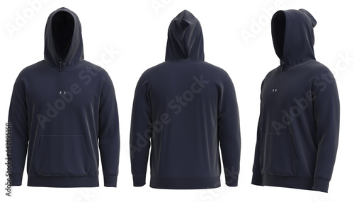 4K 3D rendered images of Blank navy hoodie template. Hoodie sweatshirt long sleeve with clipping path, hoody for design mockup for print, isolated on white background. 