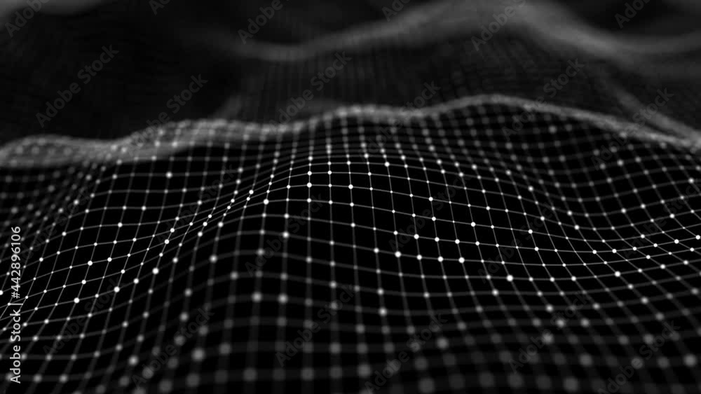 Abstract wave with moving dots and lines. Flow of particles. Cyber technology illustration. 3d rendering