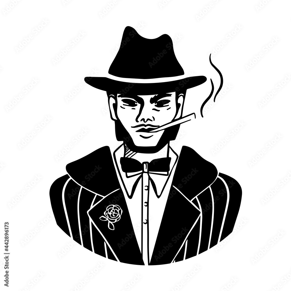 A black silhouette man in a hat smoking cigarette. Mafia style wearing, bow tie, jacket coat with stripes, flower. Criminal gentelman branding logo, Vector icon, game. Isolated on a white background. A black silhouette man in a hat smoking cigarette. Mafia style wearing, bow tie, jacket coat with stripes, flower. Criminal gentelman branding logo, Vector icon, game. Isolated on a white background.