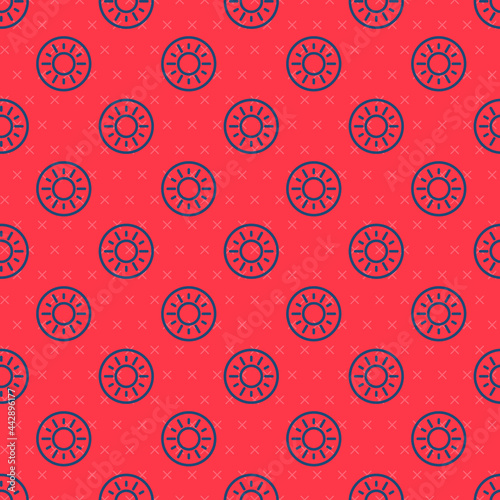 Blue line Sun icon isolated seamless pattern on red background. Vector