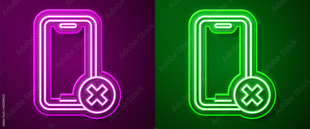 Glowing neon line No cell phone icon isolated on purple and green background. No talking and calling sign. Cell prohibition. Vector Glowing neon line No cell phone icon isolated on purple and green background. No talking and calling sign. Cell prohibition. Vector
