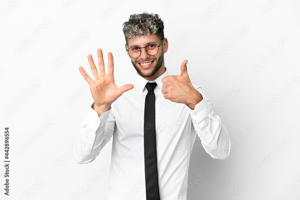 Business caucasian man isolated on white background counting six with fingers Business caucasian man isolated on white background counting six with fingers