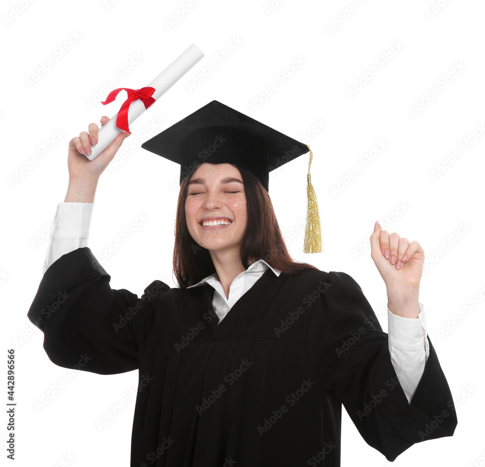 Happy student in academic dress with diploma on white background Happy student in academic dress with diploma on white background
