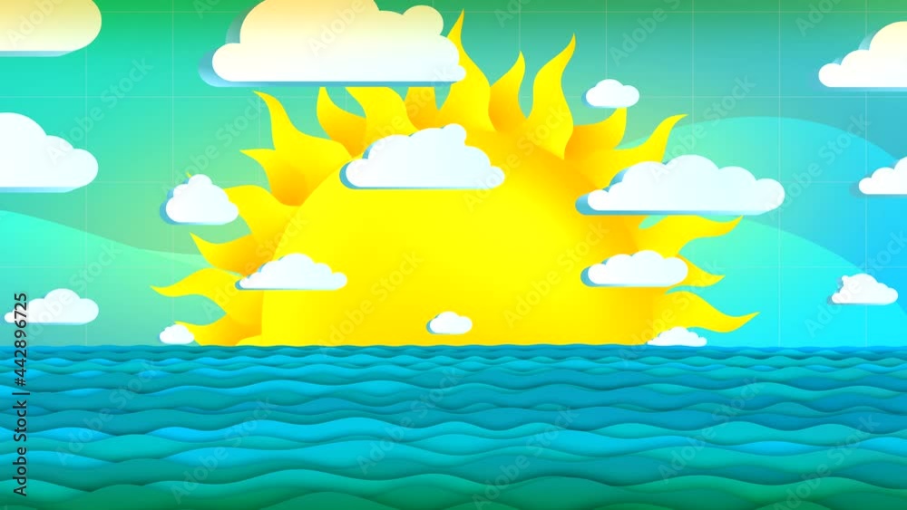 Cartoon sun summer with dynamic rays animation. Beautiful sea, cute ...