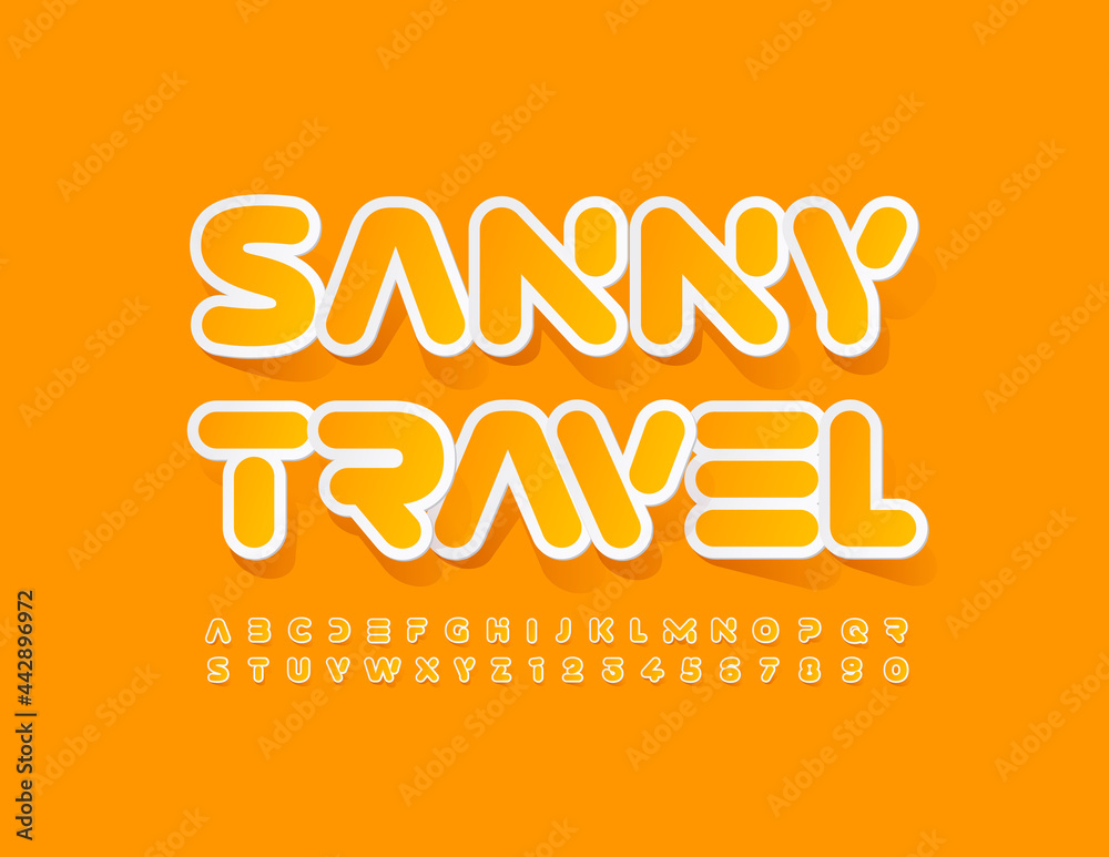 Vector touristic banner Sunny Travel. Yellow creative font. Sticker Alphabet Letters and Numbers set