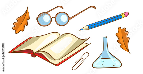 a school set of subjects for chemistry classes at school or at university, isolated on a white background. Flask, glasses, notebook, pencil