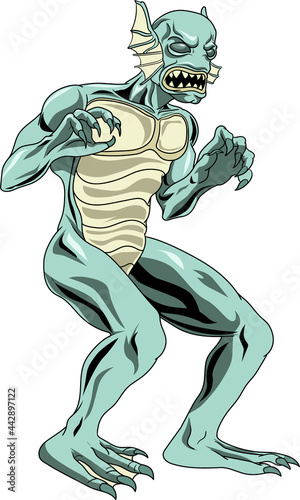 A Siyokoy, a humanoid aquatic monster with scales,webbed limbs and fins. A creature in Philippine mythology. Cartoon style drawing.