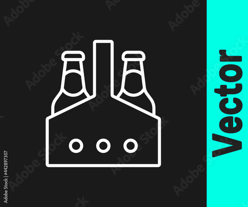 White line Pack of beer bottles icon isolated on black background. Case crate beer box sign. Vector