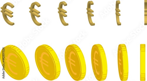 様々な角度の金色のユーロマークのアイソメトリックスタイルのコインのセット