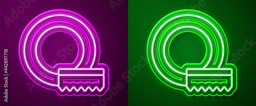 Glowing neon line Washing dishes icon isolated on purple and green background. Cleaning dishes icon. Dishwasher sign. Clean tableware sign. Vector