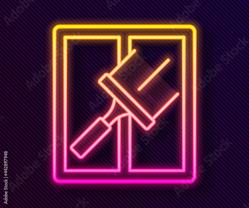 Glowing neon line Cleaning service with of rubber cleaner for windows icon isolated on black background. Squeegee, scraper, wiper. Vector