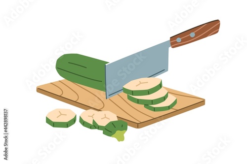 Process of chopping zucchini into ring slices with metal chopper knife on wood board. Cutting fresh vegetable ingredient for cooking into round pieces. Flat vector illustration isolated on white