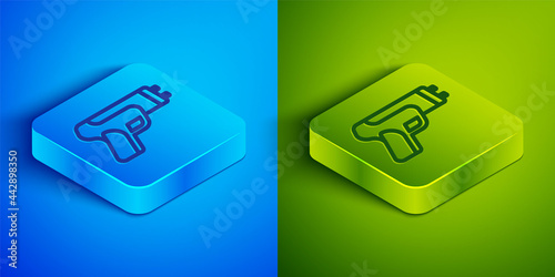 Isometric line Police electric shocker icon isolated on blue and green background. Shocker for protection. Taser is an electric weapon. Square button. Vector