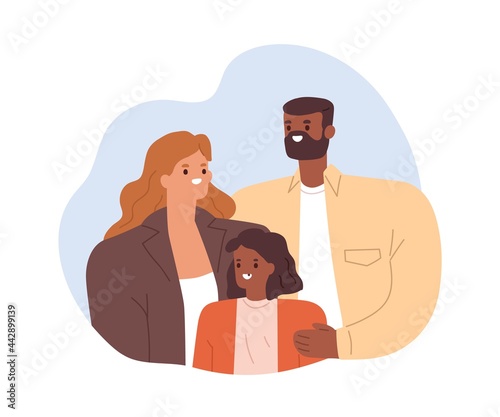 Portrait of happy mixed-race family. Smiling parents and child. Multiracial mom and dad together with black daughter. Mother, father and kid. Flat vector illustration isolated on white background