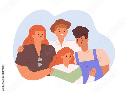 Happy family portrait with parents and children. Smiling mother, father, son and daughter. Brother and sister together with their mom and dad. Flat vector illustration isolated on white background