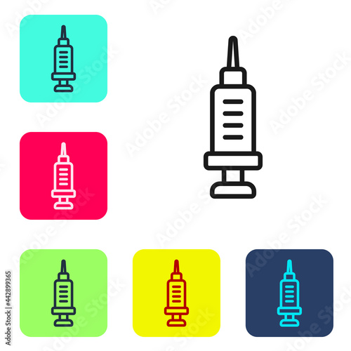 Black line Addiction to the drug icon isolated on white background. Heroin, narcotic, addiction, illegal. Sick junkie with a syringe and medical pills. Set icons in color square buttons. Vector
