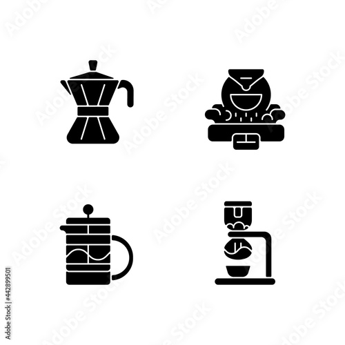 Coffee making appliance black glyph icons set on white space. Moka pot. Professional commercial roaster for beans. French press. Espresso making. Silhouette symbols. Vector isolated illustration