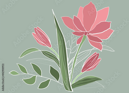 Hand drawn lilies, buds, green leafs bouquet