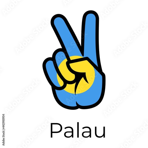 Palau flag in the form of a peace sign. Gesture V victory sign, patriotic sign, icon for apps, websites, T-shirts, souvenirs, etc., isolated on white background