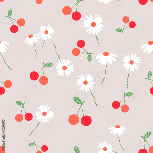 Seamless pattern with cherry fruit and daisy flower on pastel background vector illustration.