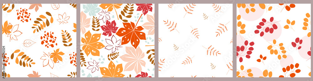 A set of seamless patterns of bright leaves, fern plants, chestnut, maple, simple geometric shapes. Bright autumn print for fabrics, textiles, design. Vector graphics. A set of seamless patterns of bright leaves, fern plants, chestnut, maple, simple geometric shapes. Bright autumn print for fabrics, textiles, design. Vector graphics.