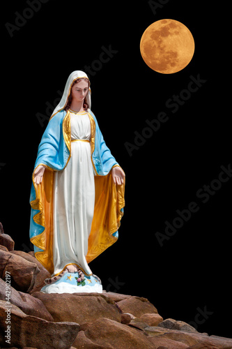 Canvas Print Statues of Holy Women on piles of limestone rocks isolated on black background with clipping path