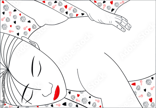 The girl receives a back massage. The hands of the masseur are massaging the back of a young girl. Woman spa therapy graphic illustration