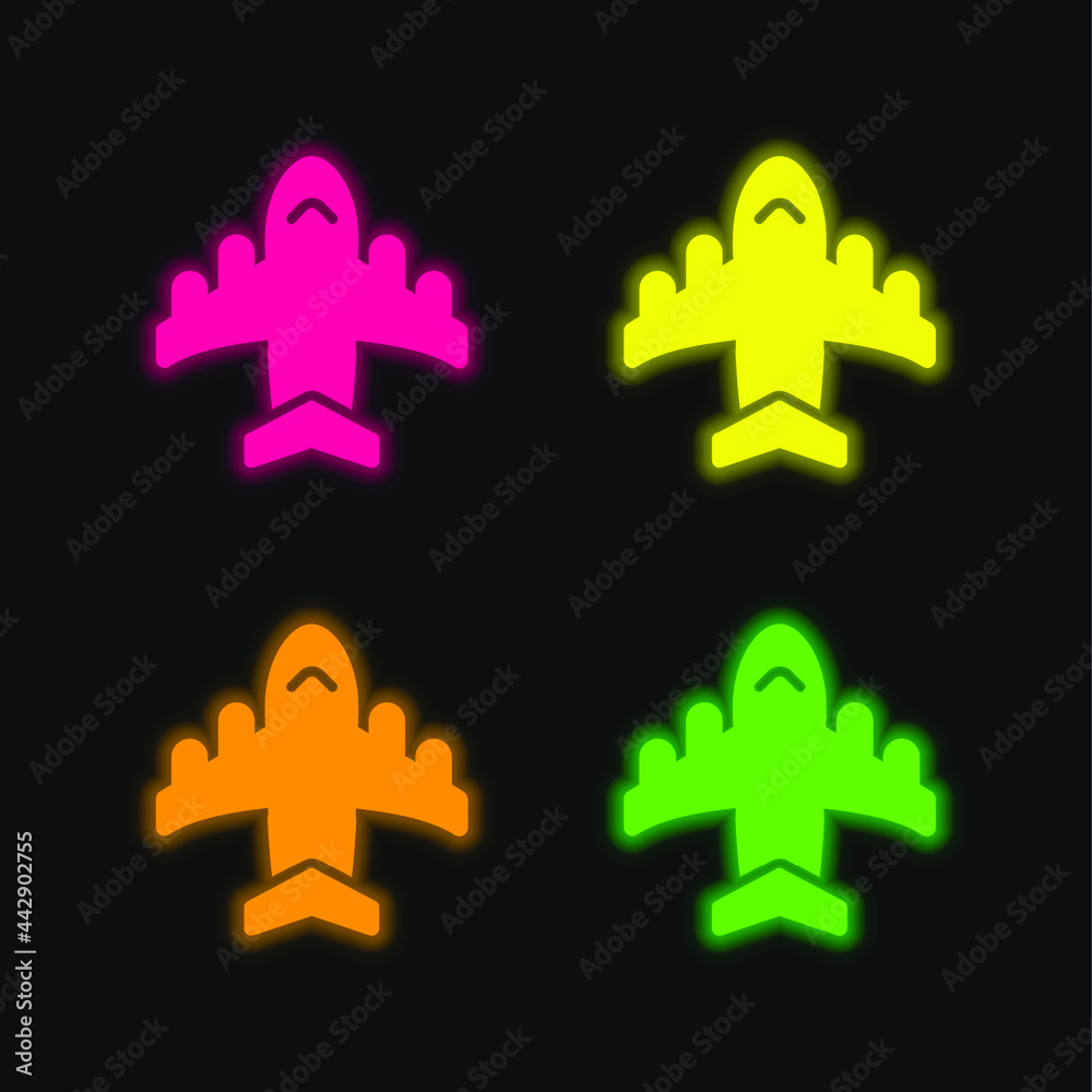 Obraz premium Airplane four color glowing neon vector icon