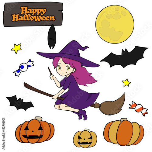 ハロウィンに使える箒にまたがった魔女のイラストセット