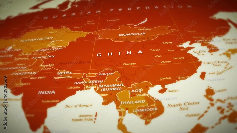World Map Flight Over Background/ 4k animation of a multicolored world map travel background flight over with ocean, countries and cities names