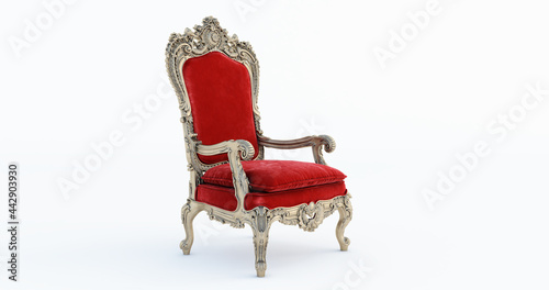 3D render of Classic baroque armchair throne in bronze and red colors isolated on white background.