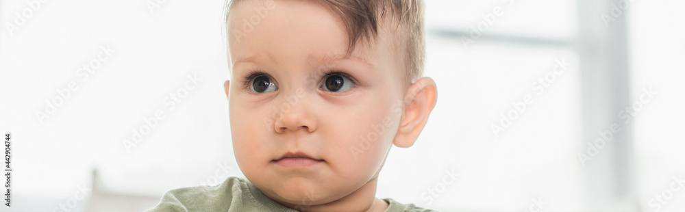 Toddler boy looking away at home, banner Toddler boy looking away at home, banner