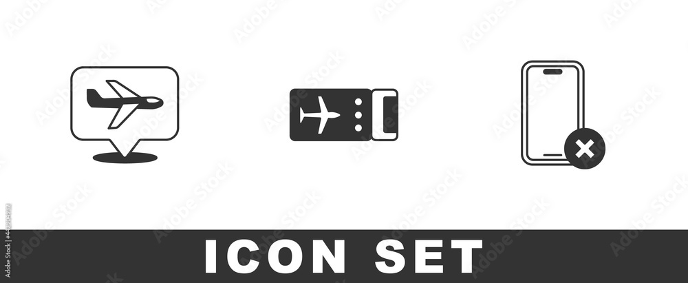 Set Plane, Airline ticket and No cell phone icon. Vector Set Plane, Airline ticket and No cell phone icon. Vector