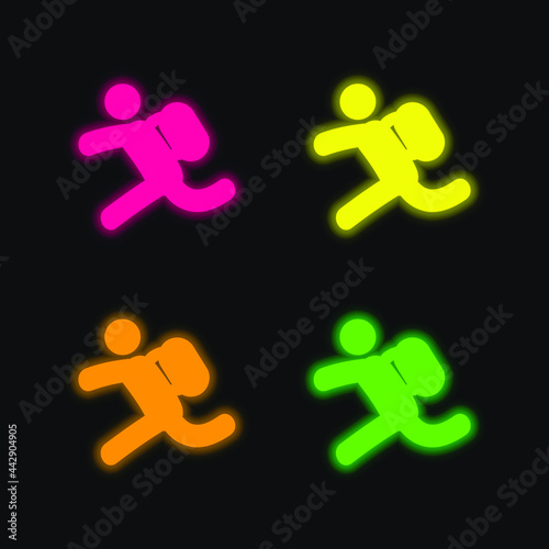 Backpacker Running four color glowing neon vector icon