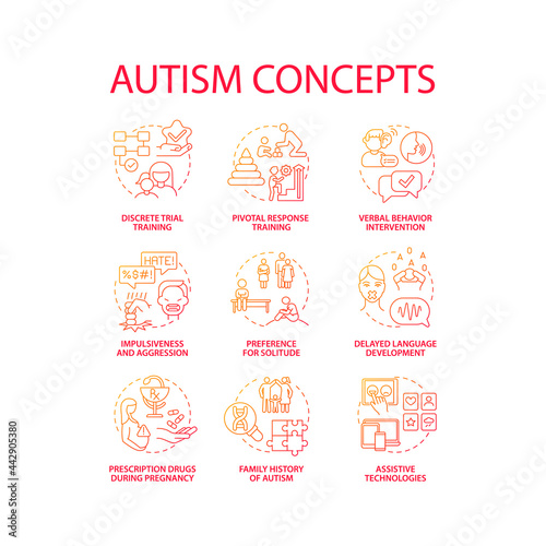 Autism spectrum disorder concept icons set. Developmental disabilities idea thin line color illustrations. Preference to solitude. Delayed language development. Vector isolated outline drawings