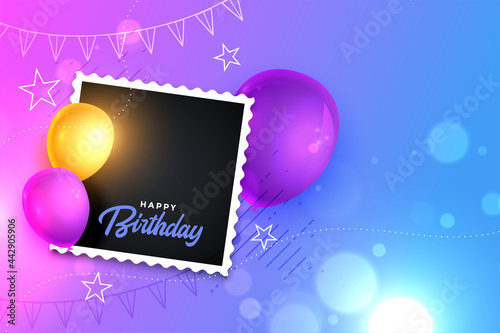 happy birthday card with realistic balloon and photo frame