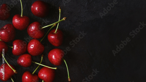 Cherry tree macro black background top view. Ripe juicy cherry berries in drops of water are lying on the table. The concept of freshness, proper nutrition, vitamins. Low key photo. Copy space