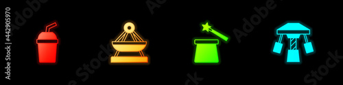 Set Paper glass with water, Boat swing, Magic hat and wand and Attraction carousel icon. Vector