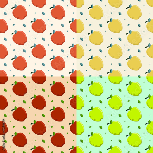 set of seamless patterns with Sweet apple for breakfast. Collecting autumn harvest of fruits. Ornament for decoration and printing on fabric. Design element. Vector