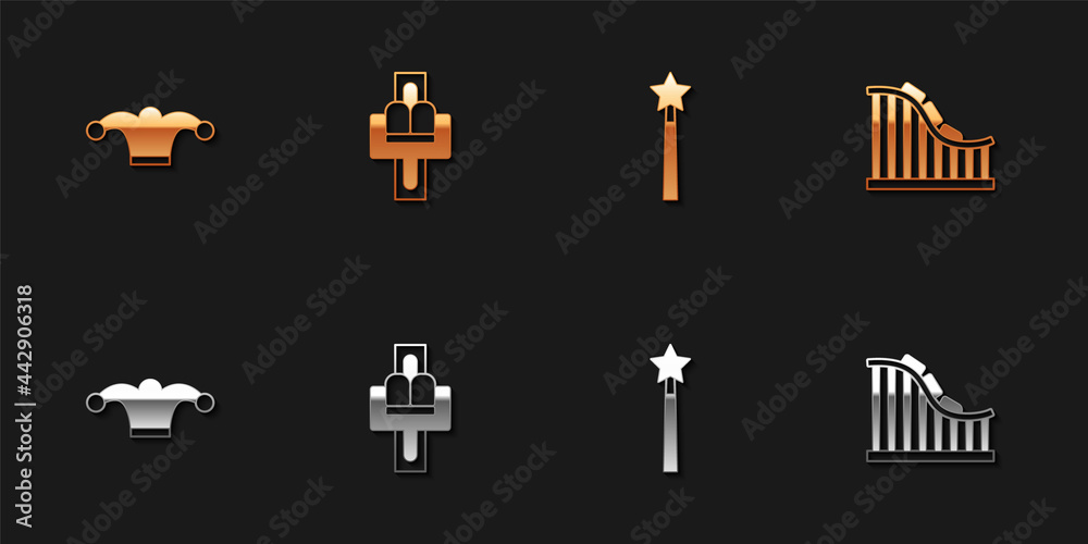 Set Jester hat with bells, Attraction carousel, Magic wand and Roller coaster icon. Vector