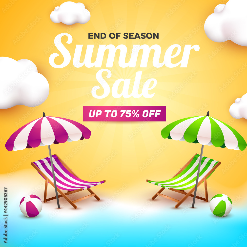 Naklejka premium summer sale banner for social media flyer with 3d beach element cartoon style