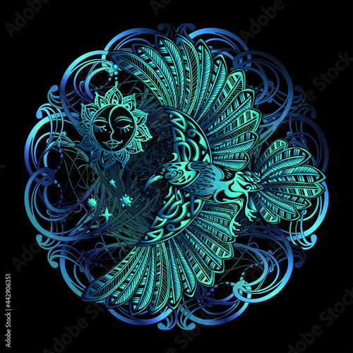 Odin's Celtic Raven on the background Yggdrasil tree. Scandinavian tattoo. Runic symbols. Trixel, Celtic cross, Gungir and knots. Vector illustration of Scandinavian myths.