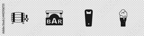 Set Wooden barrel, Street signboard with Bar, Bottle opener and Glass of beer icon. Vector
