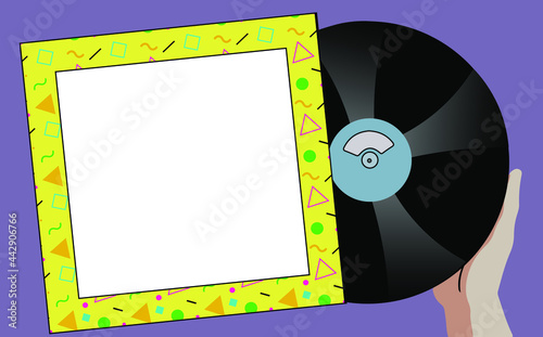 human hand holding a vinyl disc and cover with 1980 memphis pattern and copy space. Purple background. Music record vector template
